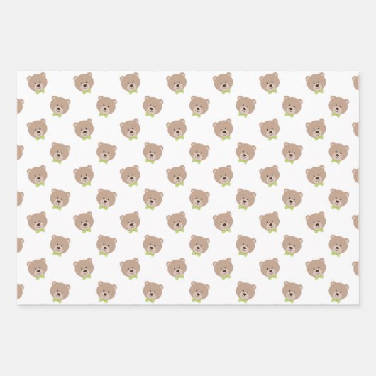 PASTEL GREEN & TAN TEDDY BEAR FACES HEARTS PLAID GESCHENKPAPIER SET (Vorderseite)