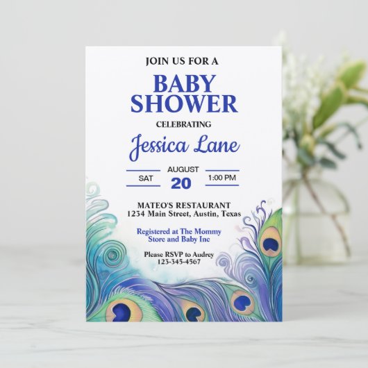 Pastel Green und Blue Peacock Feathers Baby Dusche Einladung (Stehend Vorderseite)