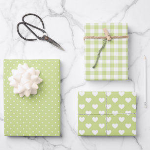 PASTEL GREEN & WHITE HEARTS POLKA DOTS KAROS GESCHENKPAPIER SET