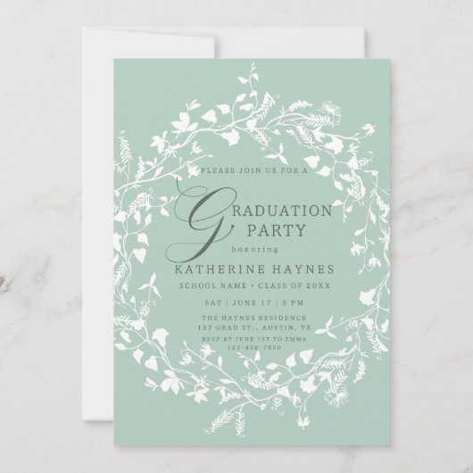 Pastel Green White Wildblume Wreath Abschluss Einladung (Rückseite)