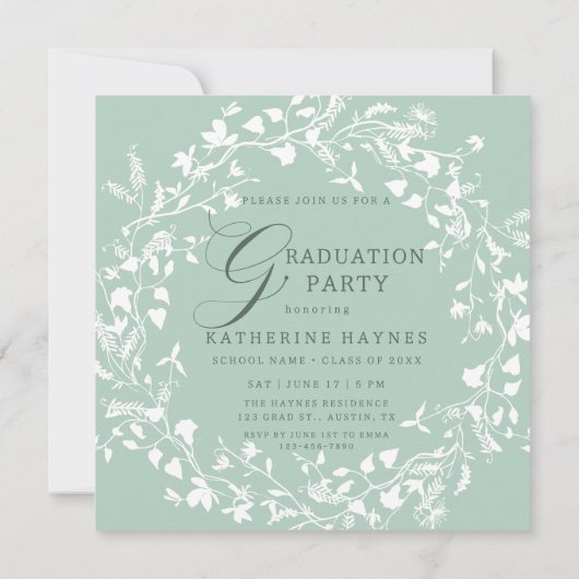 Pastel Green White Wildblume Wreath Abschluss Einladung (Rückseite)