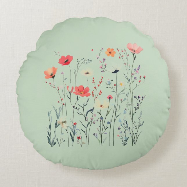 Pastel Green Wild Blume Design, Blütenstich, Rundes Kissen (Vorderseite)