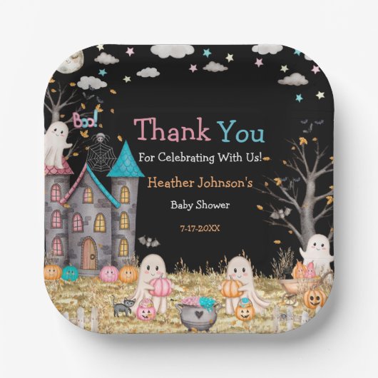 Pastel Halloween Gender Reveal Baby Shower Pappteller (Vorderseite)