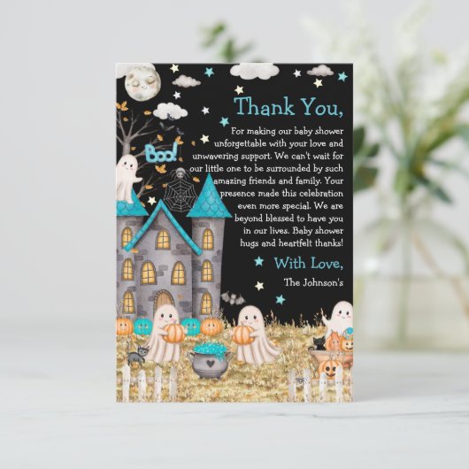Pastel Halloween Little Boo Boy Baby Dusche Dankeskarte (Stehend Vorderseite)