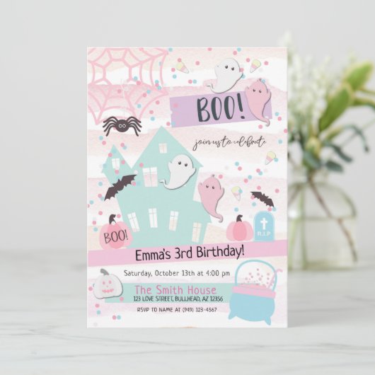 Pastel Halloween-Party Kindergeburtstag Einladung (Stehend Vorderseite)