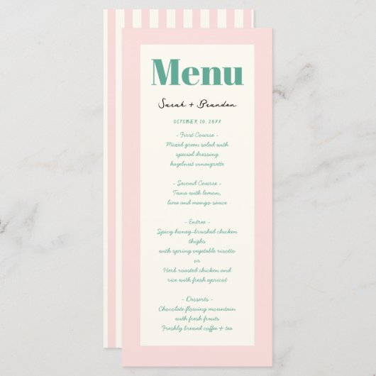 Pastel Handwriting Pinky Green Retro Hochzeit Menükarte (Vorne/Hinten)