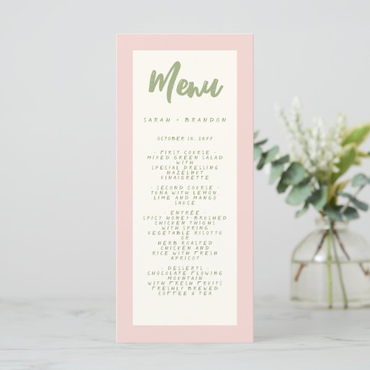 Pastel Handwriting Pinky Retro Wedding Menu Menükarte (Stehend Vorderseite)