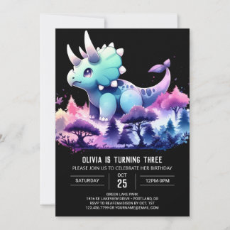 Pastel Happy Triceratops Geburtstag Einladung
