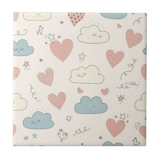 Pastel Hearts & Clouds Watercolor Dream (10) Fliese (Vorderseite)