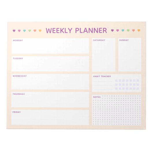 Pastel-Herz-Wochenplaner-Notizblock Notizblock (Vorderseite)