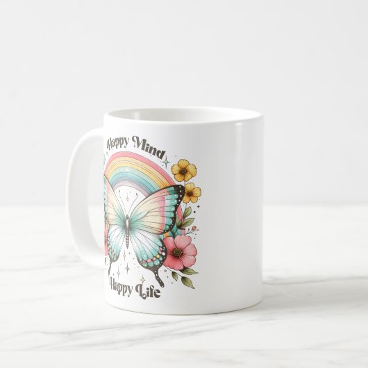 Pastel Hippie "Happy Mind Happy Life" Kaffeetasse (Vorderseite Links)