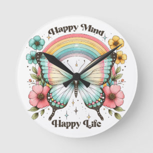 Pastel Hippie "Happy Mind Happy Life" Runde Wanduhr