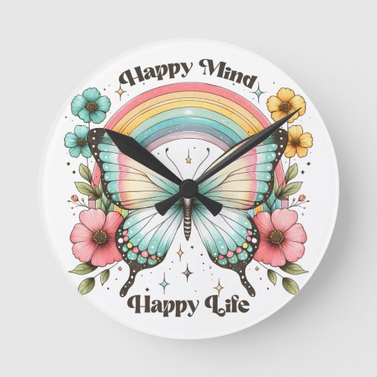 Pastel Hippie "Happy Mind Happy Life" Runde Wanduhr (Vorderseite)