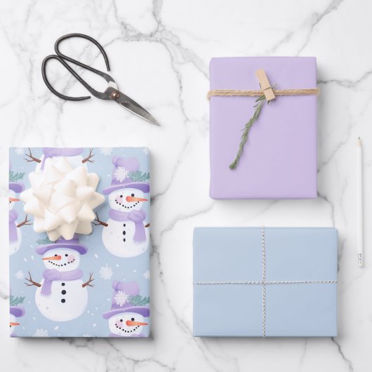 Pastel Holiday Snowman Ergänzendes Set von 3 Niedl Geschenkpapier Set (Vorderseite)
