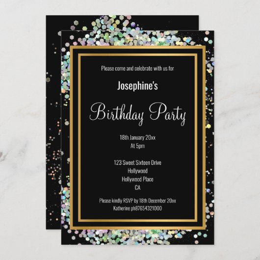 PASTEL HOLOGRAPHIC ALL BLACK PINK GOLD GEBURTSTAG EINLADUNG (Vorne/Hinten)