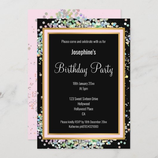 PASTEL HOLOGRAPHIC BLACK PINK GOLD GEBURTSTAG EINLADUNG (Vorne/Hinten)