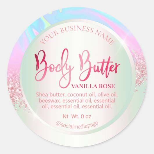 Pastel Holographic Pink Glitzer Body Butter Labels Runder Aufkleber (Vorderseite)