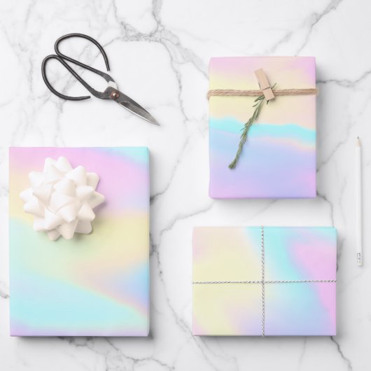 Pastel Holographic Rainbow Wrapping Paper Sheets Geschenkpapier Set (Vorderseite)