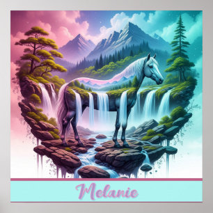Pastel Horse Waterfall Fantasy Landschaft Poster