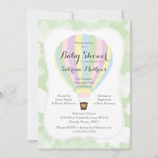 Pastel Hot Air Ballon Geschlecht Neutral Baby Dusc Einladung (Vorderseite)