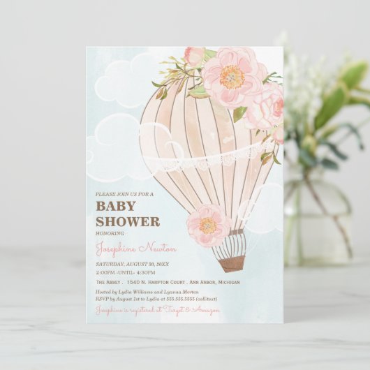 Pastel Hot Air Balloon Girl Baby Shower Einladung (Stehend Vorderseite)