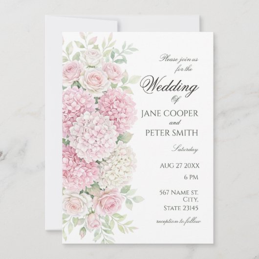 Pastel hydrangeas and roses Budget Wedding Einladung (Vorderseite)