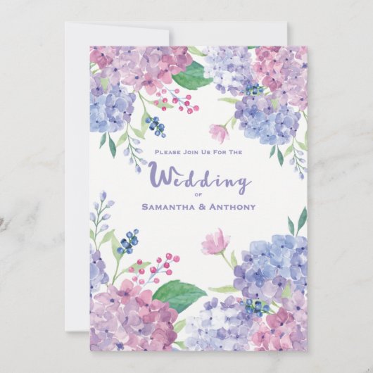 Pastel Hydrangeas Lila Wedding Einladung (Vorderseite)