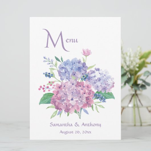 Pastel Hydrangeas Wedding Menükarte (Stehend Vorderseite)