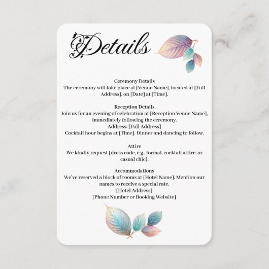 Pastel Iridescent Blätter Hochzeiten Dreamy Pastel Begleitkarte (Vorderseite)