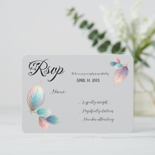 Pastel Iridescent Blätter Hochzeiten Dreamy Pastel RSVP Karte (Stehend Vorderseite)