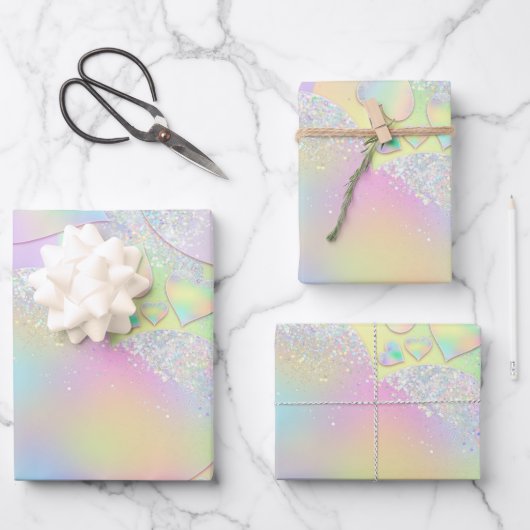 Pastel Iridescent Herz Gemustert Geschenkpapier Set (Vorderseite)
