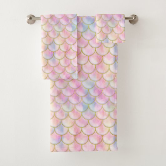 Pastel Iridescent Mermaid Scales Muster Badhandtuch Set (Insitu)