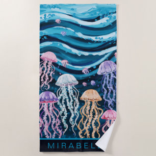 Pastel Jellyfish & Blue Waves Custom Strandtuch