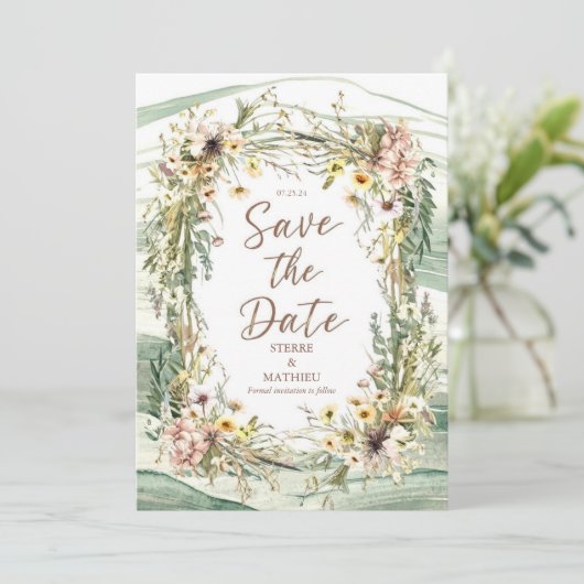 Pastel Joyful Wildblume Wedding Save The Date (Stehend Vorderseite)