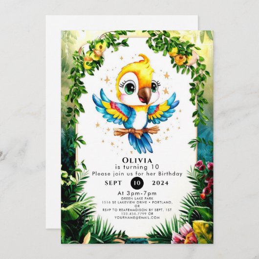 Pastel Jungle Parrot Birthday Einladung (Vorne/Hinten)