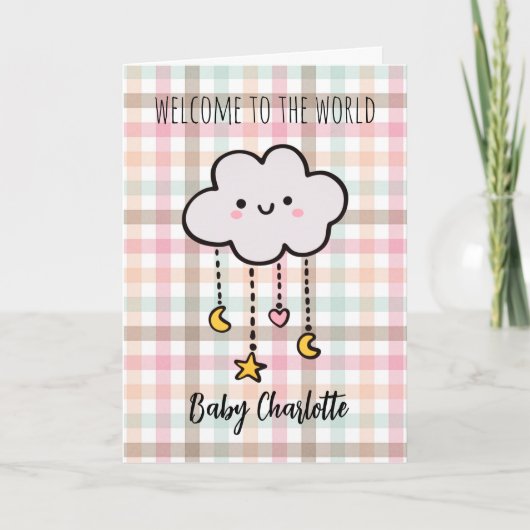 Pastel Kariert Cloud Welcome Baby Girl Karte (Vorderseite)