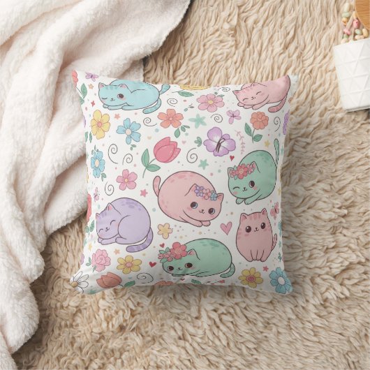 Pastel Kawaii Cats and Spring Flowers Throw Pillow Kissen (Decke)