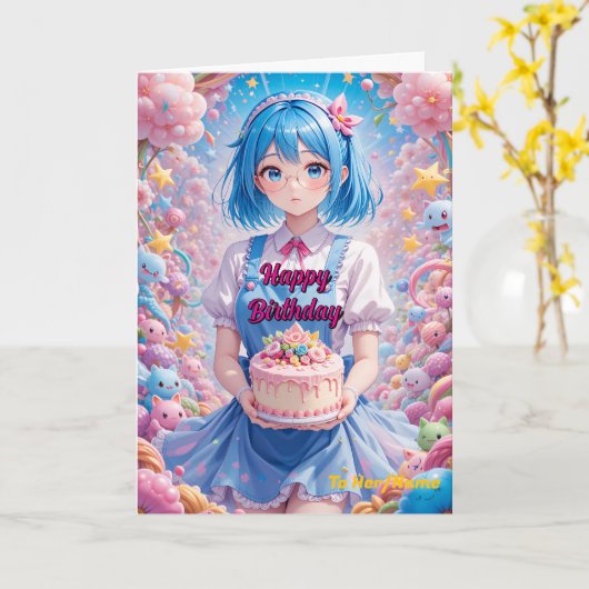 Pastel Kawaii Girl Cake Celebration Karte (Gelbe Blume)