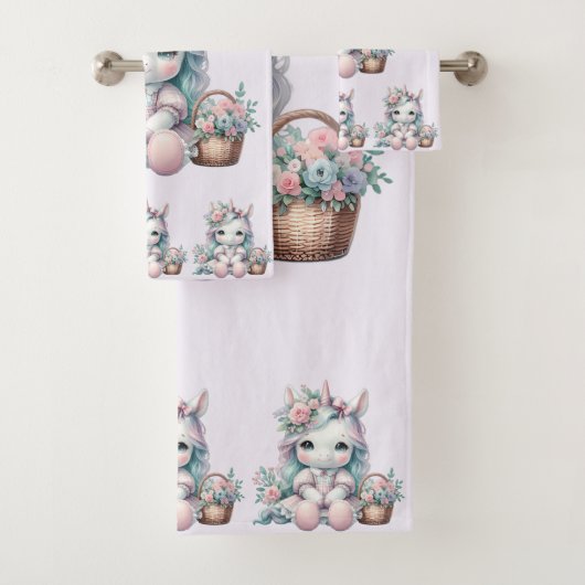 Pastel Kawaii Unicorn Doll with Flower Basket Badhandtuch Set (Insitu)
