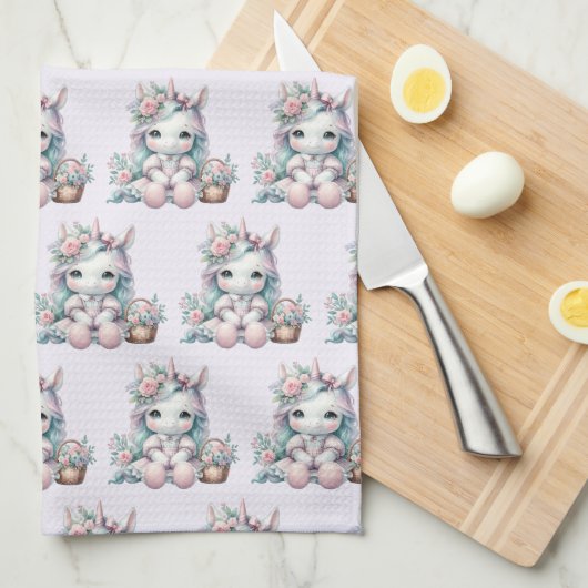 Pastel Kawaii Unicorn Doll with Flower Basket Geschirrtuch (Viertel Falte)