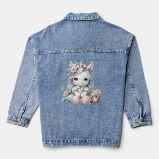 Pastel Kawaii Unicorn Doll with Flower Basket Jeansjacke (Rückseite)