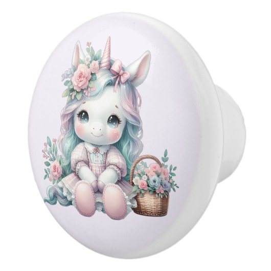 Pastel Kawaii Unicorn Doll with Flower Basket Keramikknauf (Rechts)
