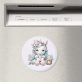 Pastel Kawaii Unicorn Doll with Flower Basket Magnet (In Situ (Geschirrspüler))
