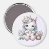 Pastel Kawaii Unicorn Doll with Flower Basket Magnet (Vorderseite/Rückseite)