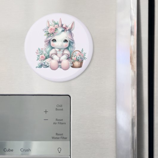 Pastel Kawaii Unicorn Doll with Flower Basket Magnet (In Situ (Kühlschrank))