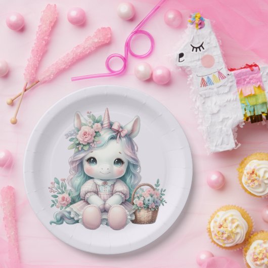 Pastel Kawaii Unicorn Doll with Flower Basket Pappteller (Party)