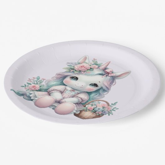 Pastel Kawaii Unicorn Doll with Flower Basket Pappteller (Schrägansicht)
