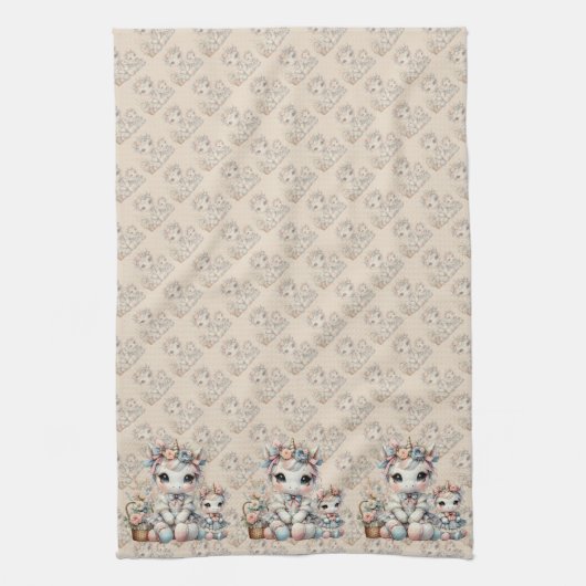 Pastel Kawaii Unicorn Mutter Tochter Duo Beige Geschirrtuch (Vertikal)