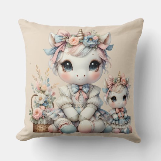 Pastel Kawaii Unicorn Mutter Tochter Duo Beige Kissen (Vorderseite)