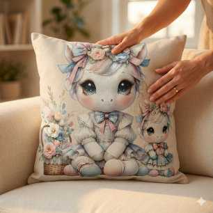 Pastel Kawaii Unicorn Mutter Tochter Duo Beige Kissen